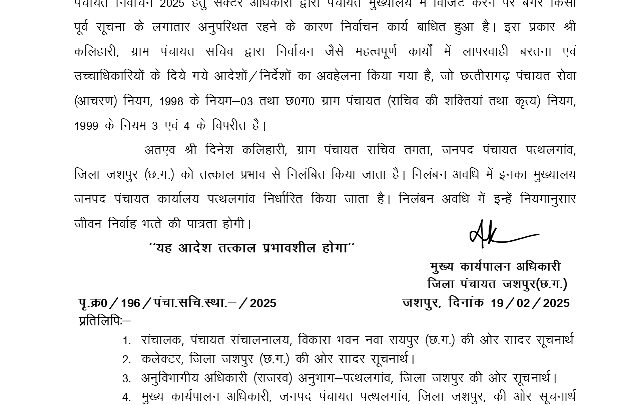 जिला पंचायत सीईओ ने तमता के ग्राम पंचायत सचिव को तत्काल प्रभाव से किया निलंबित