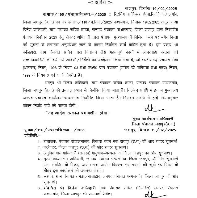 जिला पंचायत सीईओ ने तमता के ग्राम पंचायत सचिव को तत्काल प्रभाव से किया निलंबित जिला पंचायत सीईओ ने तमता के ग्राम पंचायत सचिव को तत्काल प्रभाव से किया निलंबित