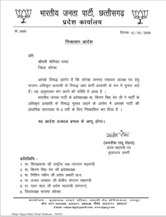 कोरबा में बागी नेताओं पर एक्शन, बीजेपी ने निगम सभापित के बाद अब इन 5 नेताओं को किया 6 साल के लिए निष्कासित कोरबा में बागी नेताओं पर एक्शन, बीजेपी ने निगम सभापित के बाद अब इन 5 नेताओं को किया 6 साल के लिए निष्कासित