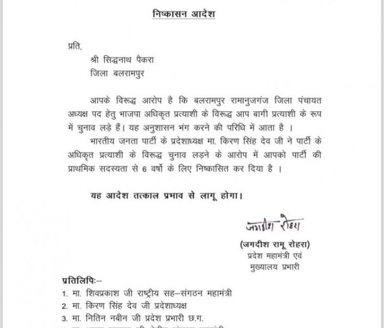 भाजपा ने सिद्धनाथ पैकरा को 6 साल के लिए पार्टी से किया निष्कासित भाजपा ने सिद्धनाथ पैकरा को 6 साल के लिए पार्टी से किया निष्कासित