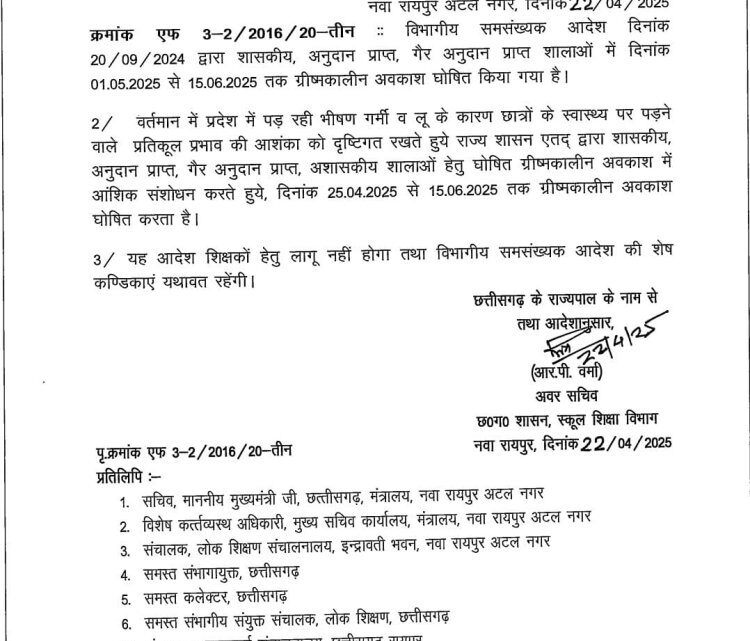 *ग्रीष्मकालीन अवकाश के संशोधन आदेश जारी,25 अप्रैल से अवकाश, देखिए आदेश* *ग्रीष्मकालीन अवकाश के संशोधन आदेश जारी,25 अप्रैल से अवकाश, देखिए आदेश*