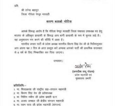 भाजपा की बड़ी कार्रवाई, बागी बनकर चुनाव लड़े दो नेताओं को थमाया नोटिस, 7 दिन में जवाब, नहीं तो होंगे बाहर   पार्टी विरोधी गतिविधियों पर सख्त हुई बीजेपी, बागी नेताओं को थमाया नोटिस