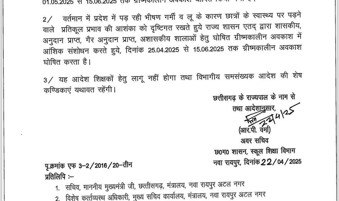 गर्मी की छुट्टी का ऐलान: छत्तीसगढ़ में गर्मी की छुट्टी की घोषणा, शिक्षा विभाग ने गर्मी की छुट्टी का ऐलान: छत्तीसगढ़ में गर्मी की छुट्टी की घोषणा, शिक्षा विभाग ने