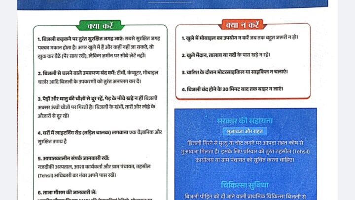 आकाशीय बिजली से बचाव हेतु जिला प्रशासन ने जारी की महत्वपूर्ण सावधानियां और राहत संबंधी जानकारी सतर्कता बरतने के साथ जानकारी ज्यादा से ज्यादा लोगों  तक पहुंचाने की अपील की