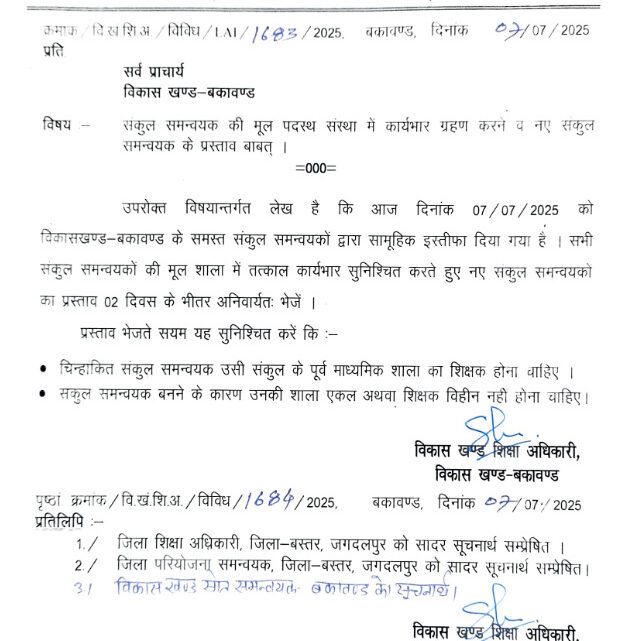 संकुल समन्वयकों का इस्तीफा, मूल शाला में कार्यभार लेने का निर्देश, दो दिन के भीतर नये CAC का प्रस्ताव मांगा गया..