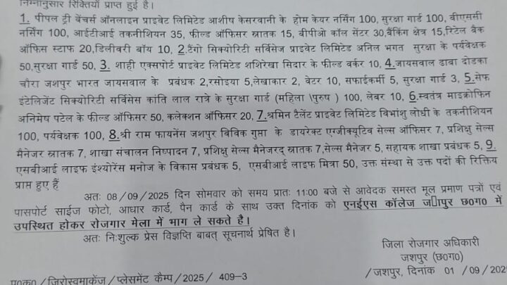 रोजगार मेला का आयोजन 08 सितम्बर को एनईएस कॉलेज परिसर जशपुर में