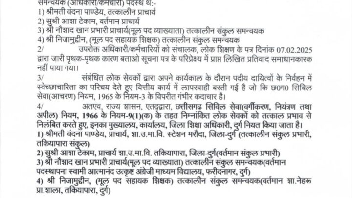 शिक्षा विभाग में बड़ी कार्रवाई: तीन प्राचार्य सहित चार शिक्षकों के खिलाफ कार्रवाई, वित्तीय घोटाले में हुआ बड़ा एक्शन