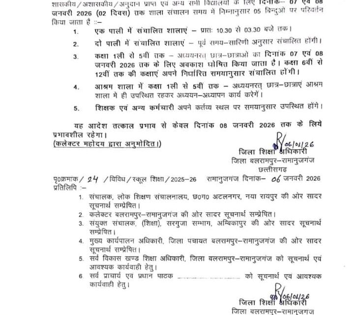 ठंड एवं शीतलहर के दृष्टिगत प्राथमिक स्कूलों में दो दिवस अवकाश घोषित , 6वीं से 12वीं तक की कक्षाएं निर्धारित समय अनुसार होंगी संचालित