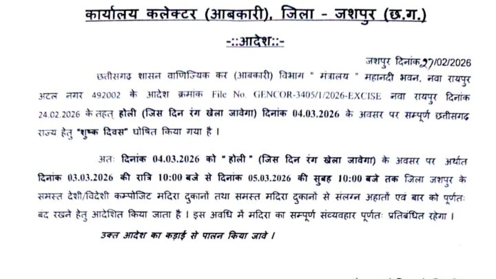 होली के दिन 04 शुष्क दिवस घोषित,समस्त देशी-विदेशी कम्पोजिट मदिरा दुकानें, संलग्न अहाते एवं बार पूर्णतः रहेंगे बंद